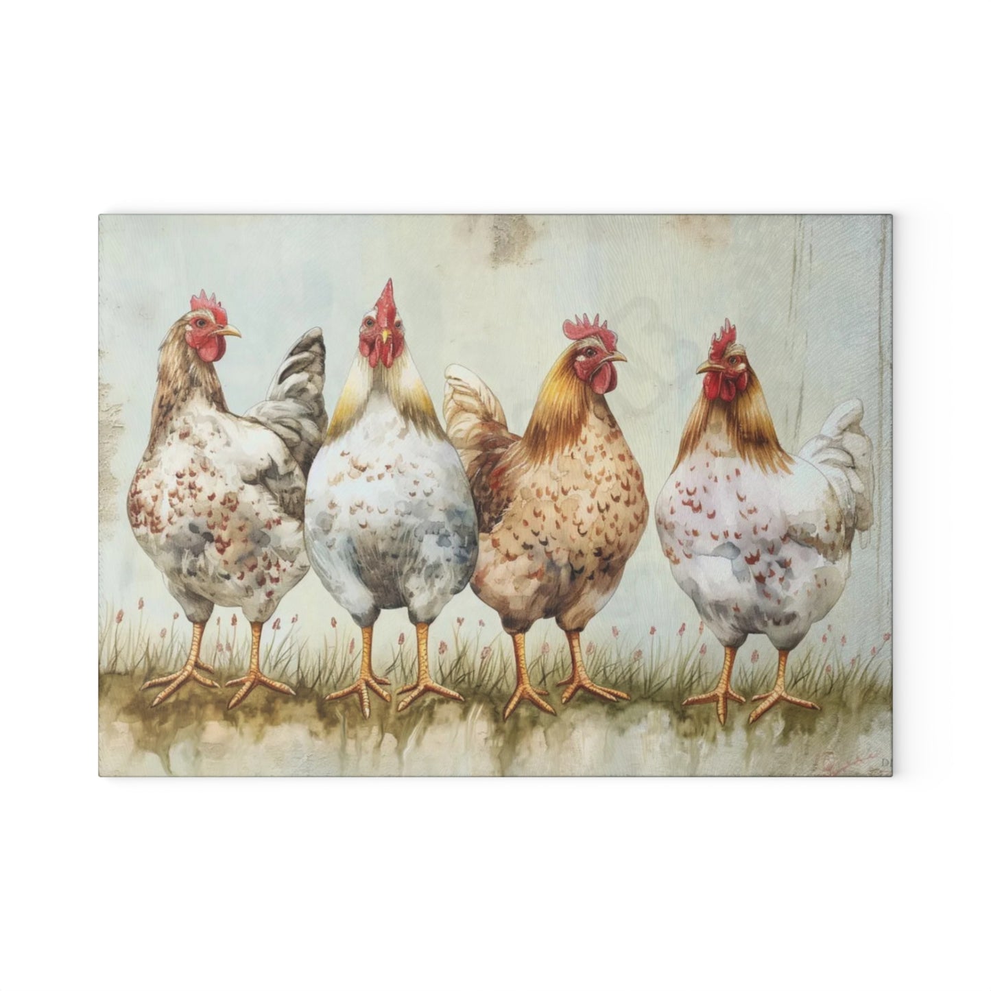 🐔🌿 “Country Hen Parade” Glass Cutting Board – Classic Farmhouse Charm