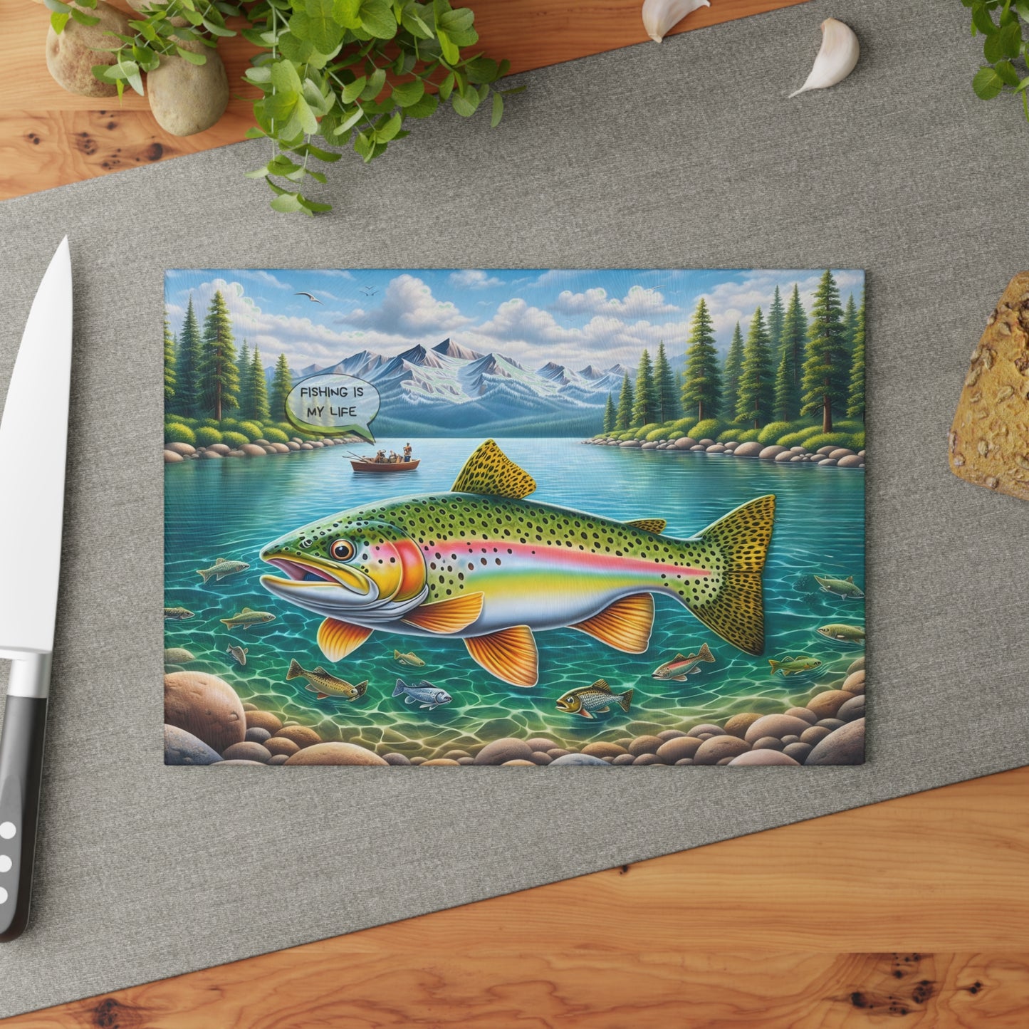 Fishing Is My Life Glass Cutting Board – Colorful Trout Lake Fishing Artwork