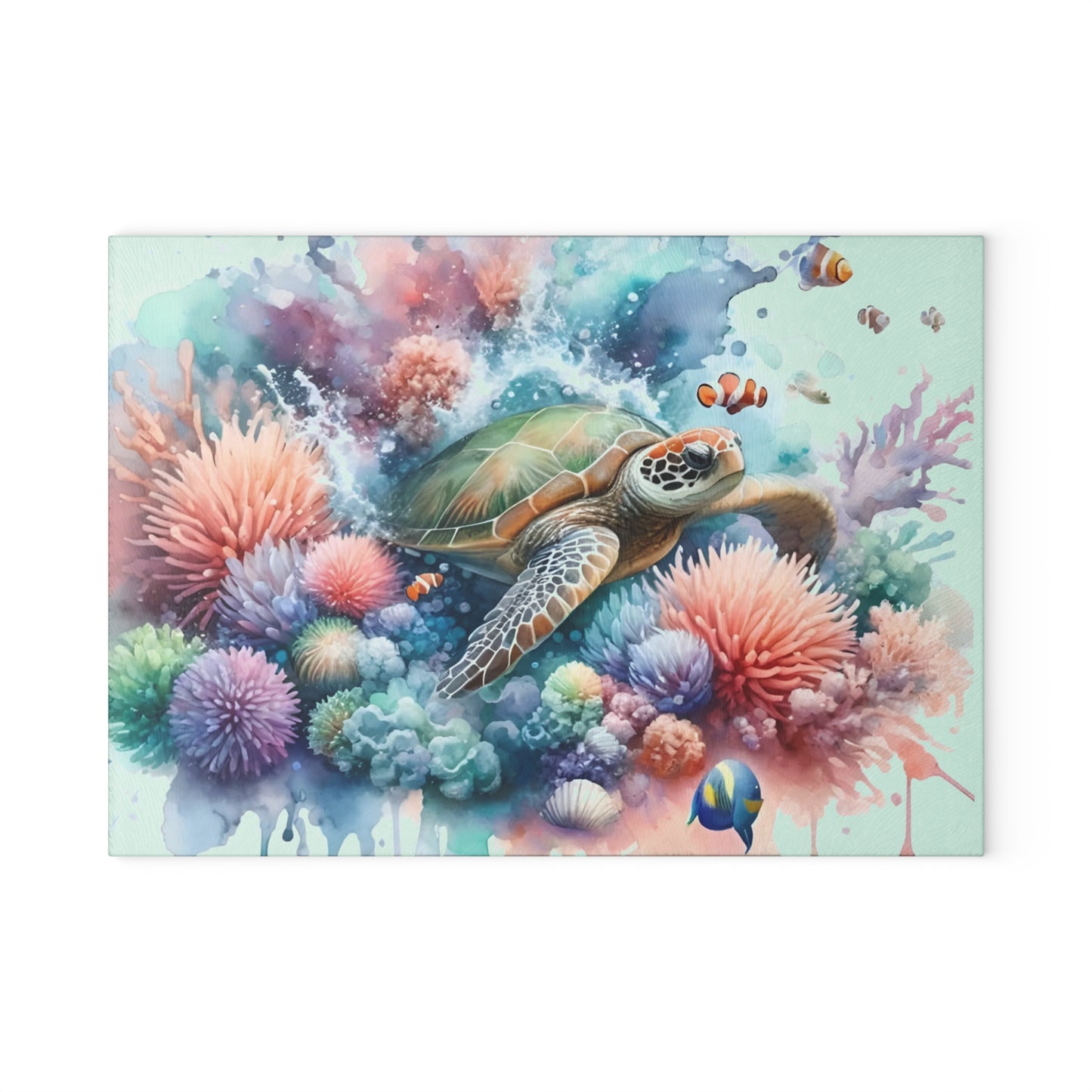 Pastel Coral Splash Sea Turtle Cutting Board – Tranquil Reef Elegance for Your Kitchen