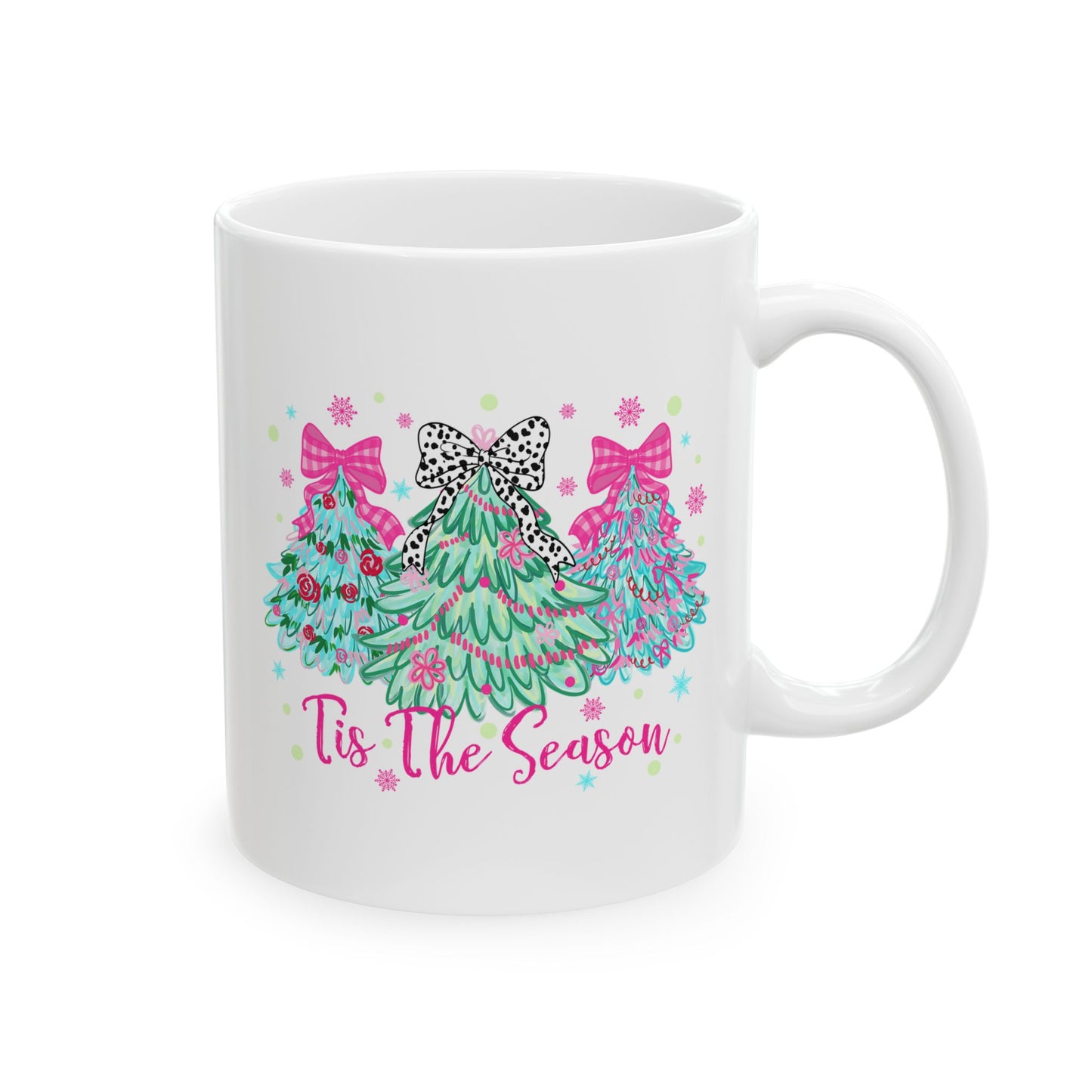 🎀🌲 ‘Tis the Season Mug – Pink Bows, Leopard Accents & Christmas Cheer 💖☕