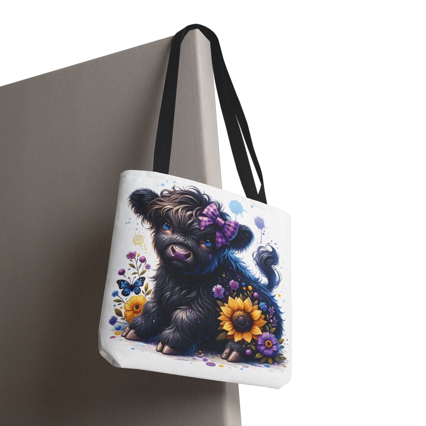 💜 Purple Bow Black Highland Calf Tote Bag – Country Charm with a Pop of Color 🐮👜
