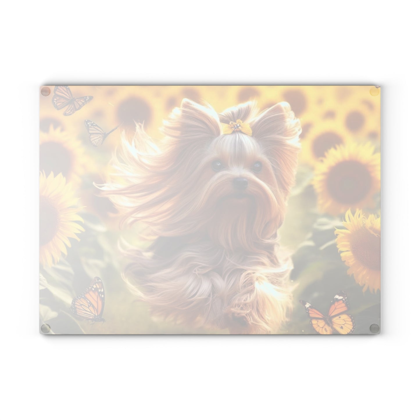 Yorkshire Terrier entre los girasoles – Tabla de cortar de vidrio templado