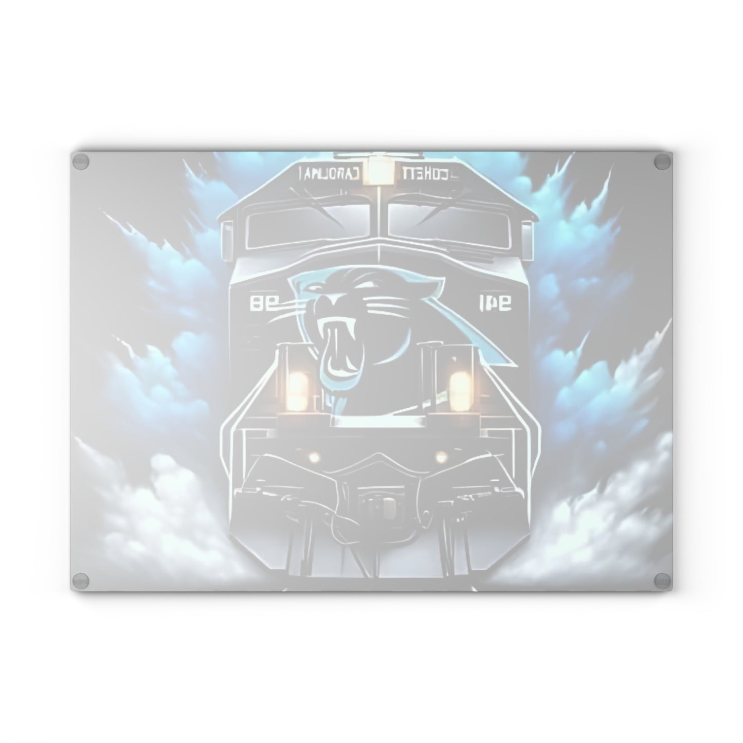 Panther Blue & Black Express Glass Cutting Board – Sleek Train Art for Bold Modern Kitchens