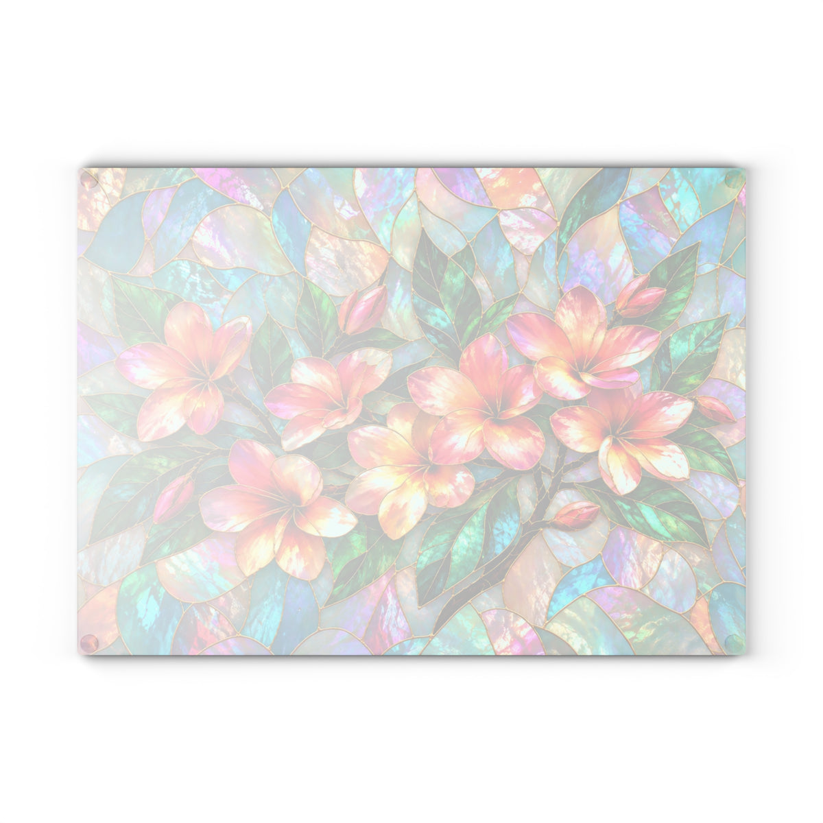 Stained-Glass-Inspired Tropical Plumeria Cutting Board – Pink & Golden Frangipani Flowers, Iridescent Mosaic Background & Botanical Kitchen Décor