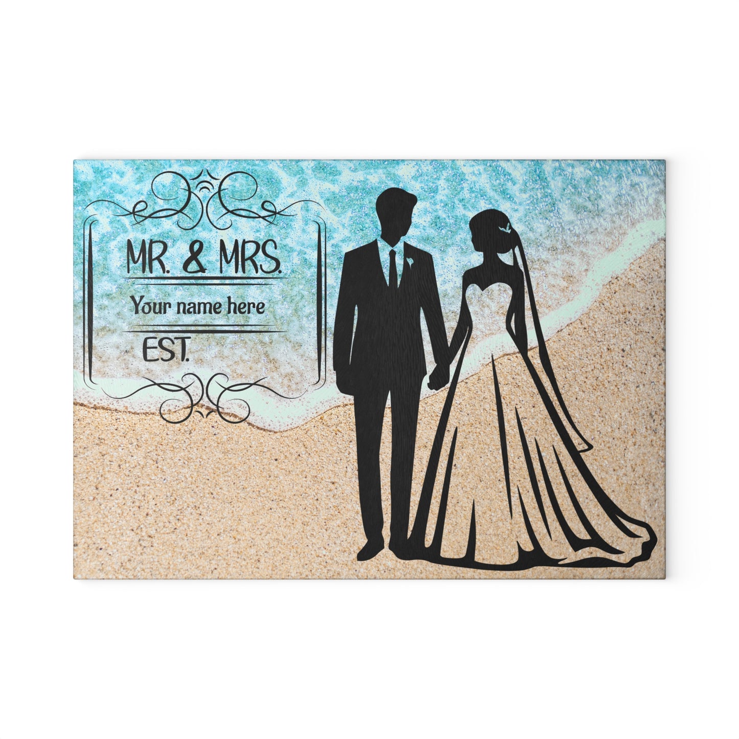 Tabla de cortar clásica para boda en la costa, Sr. y Sra.: regalo personalizado con apellido y año