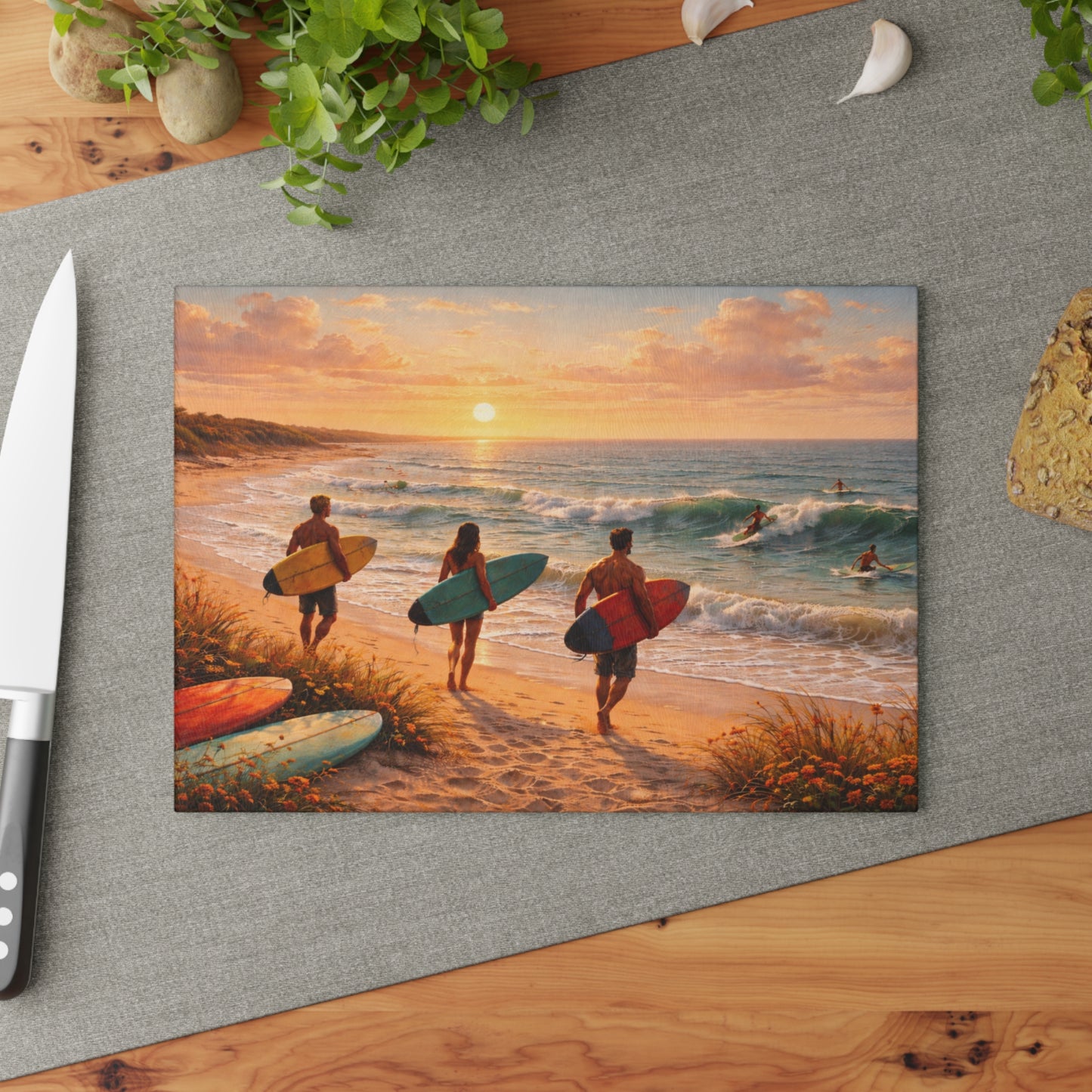 Golden Hour Surf Coast Glass Cutting Board – Coastal Sunset Ocean Kitchen Decor