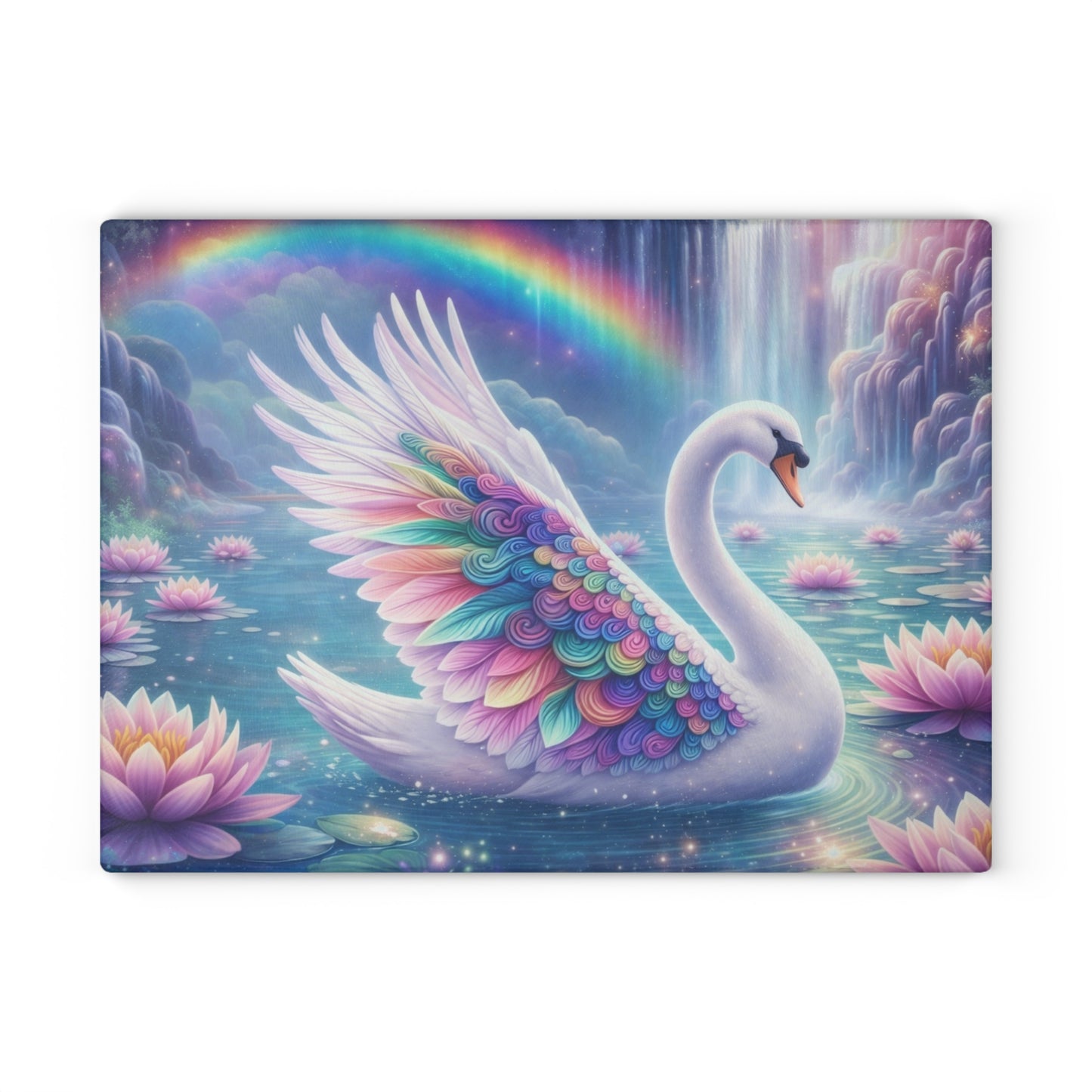Rainbow Swan Fantasy Glass Cutting Board – Dreamy Water Garden Kitchen Art