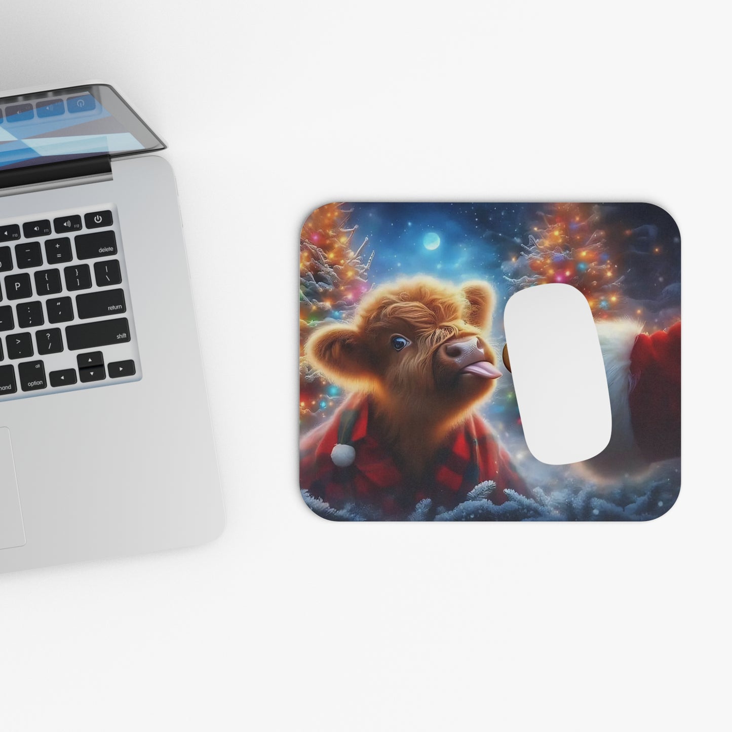 🖱️🎄🐮 Christmas Highland Calf Mouse Pad – Santa Cookie & Holiday Lights