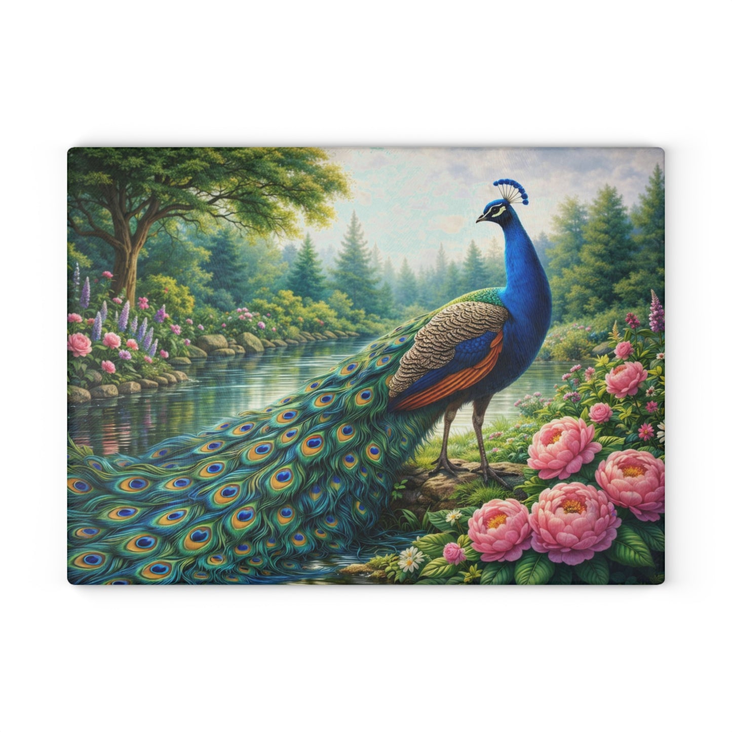Teal Peacock Garden Glass Cutting Board – Elegant Floral Nature Art Kitchen Display