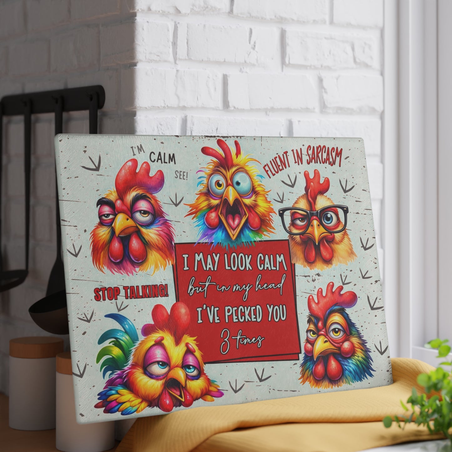 Sarcastic Chicken Glass Cutting Board – Funny Attitude Kitchen Decor Gift