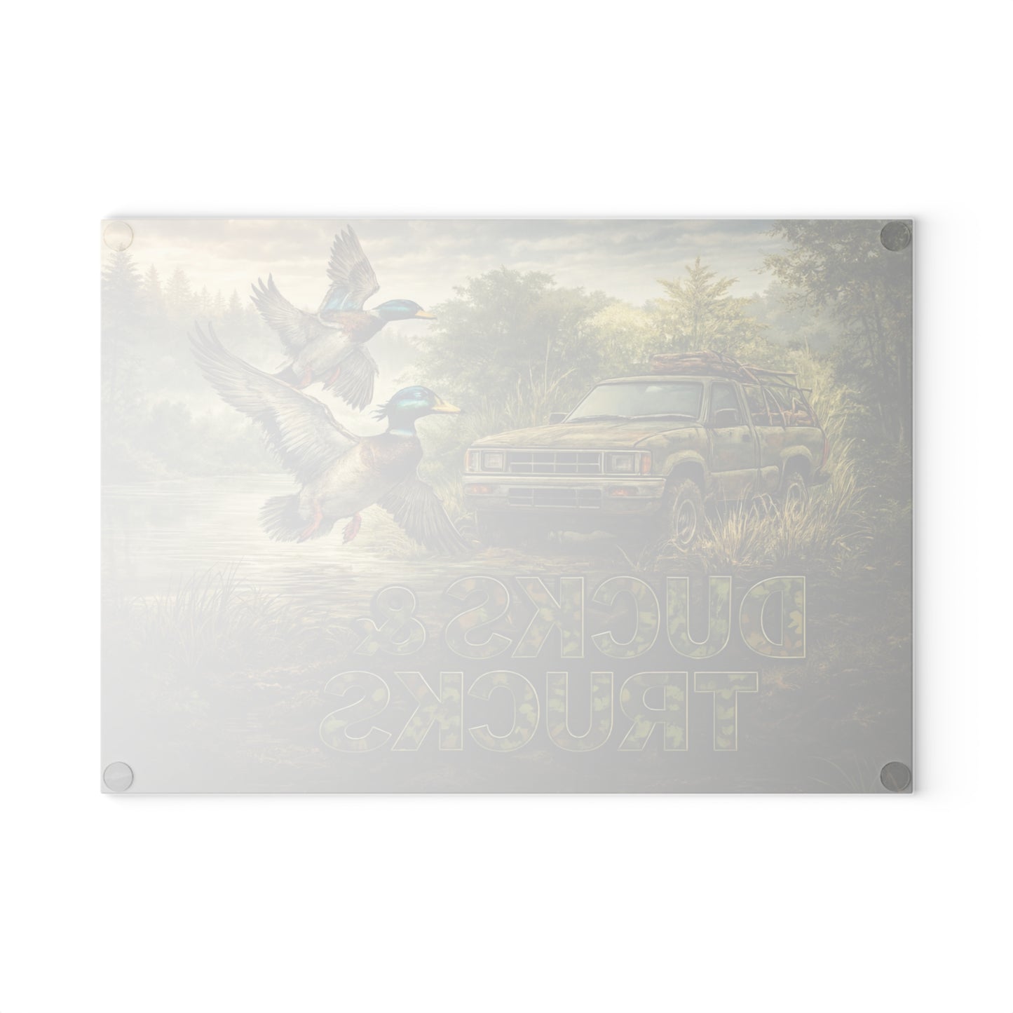 Ducks & Trucks Glass Cutting Board – Rustic Hunting Scene Kitchen Art & Display Board