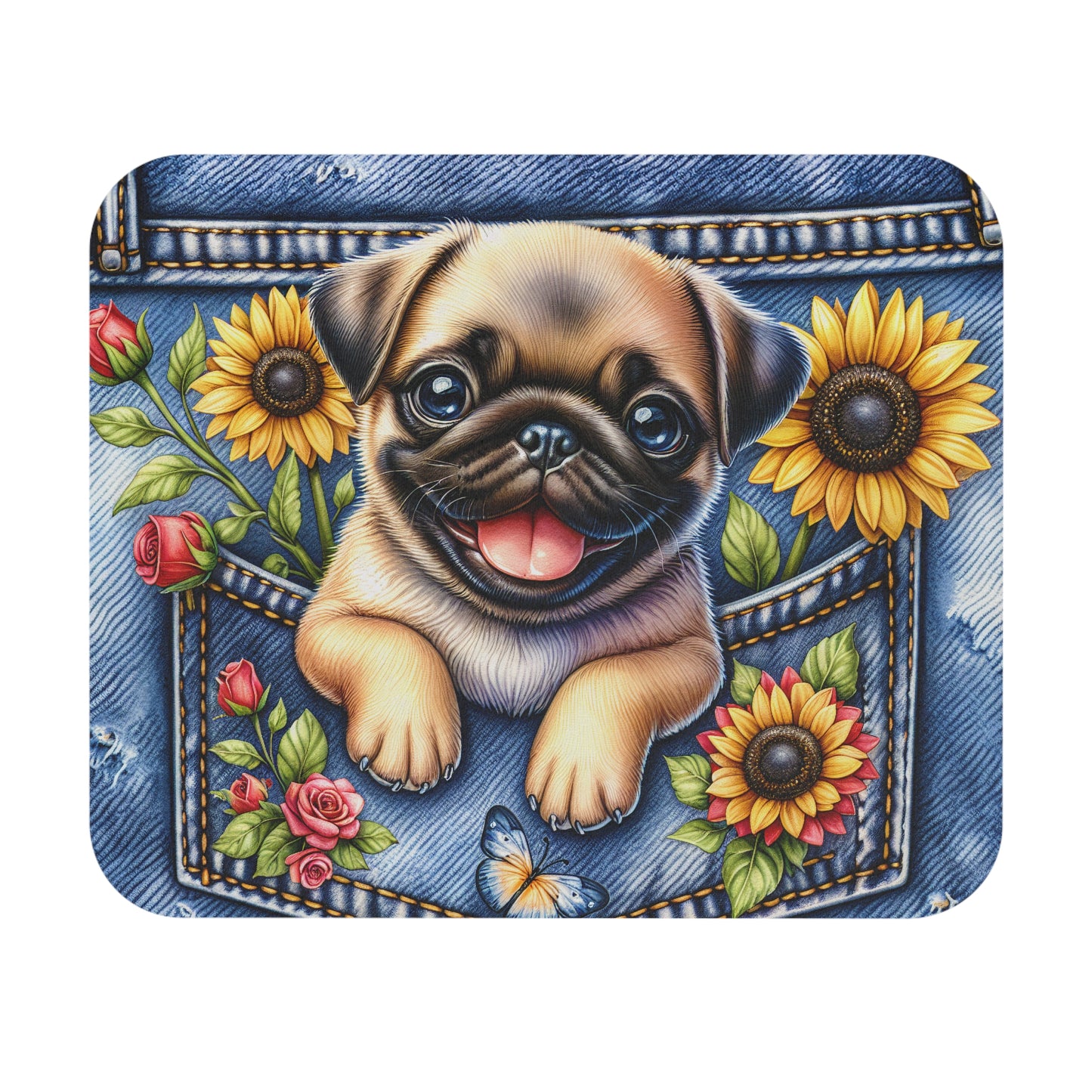 🖱️🐶🌼 Pug Mouse Pad – Denim Pocket Pug with Sunflowers & Roses