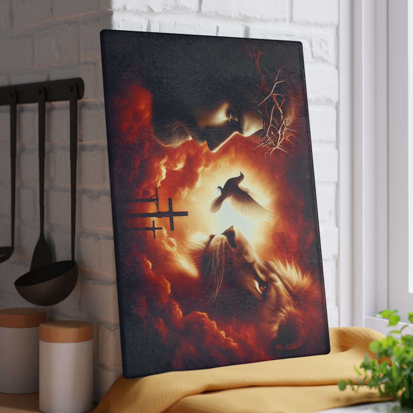 Sacred Light Glass Cutting Board – Faith-Inspired Lion, Dove & Cross Artwork Kitchen Display