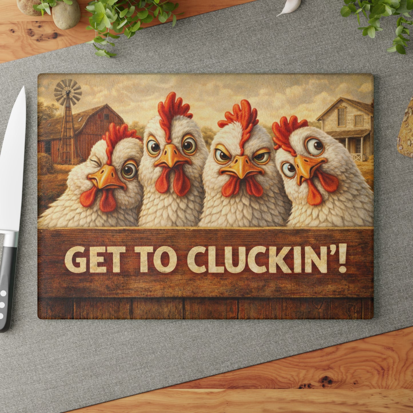 Get to Cluckin’! Funny Chicken Glass Cutting Board – Bold Farmhouse Kitchen Humor
