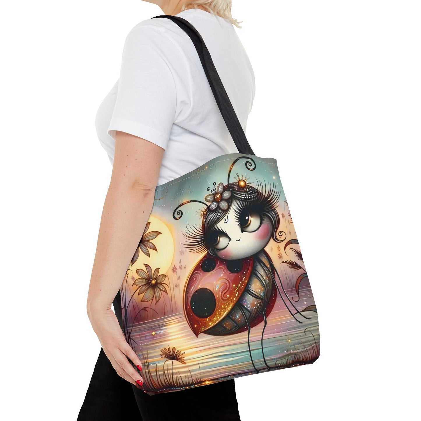 🐞 Mariquita sobre una flor junto al lago – Bolsa de tela inspirada en la naturaleza