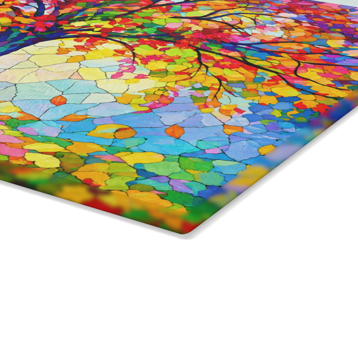 Colorful Tree of Life Stained-Glass-Inspired Glass Cutting Board – Rainbow Nature Decor