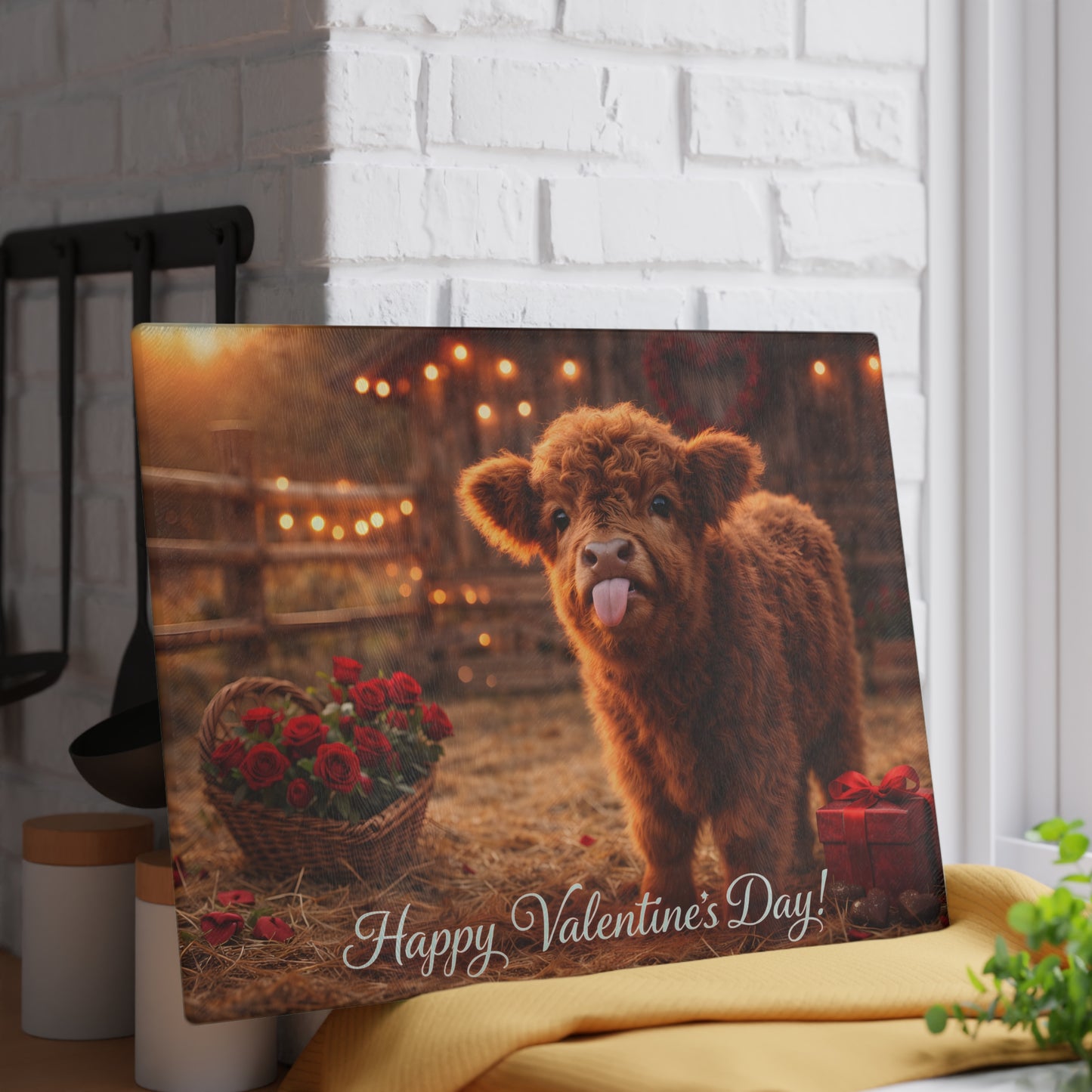 Valentine Highland Calf Glass Cutting Board – Cozy Farmhouse Love Kitchen Décor