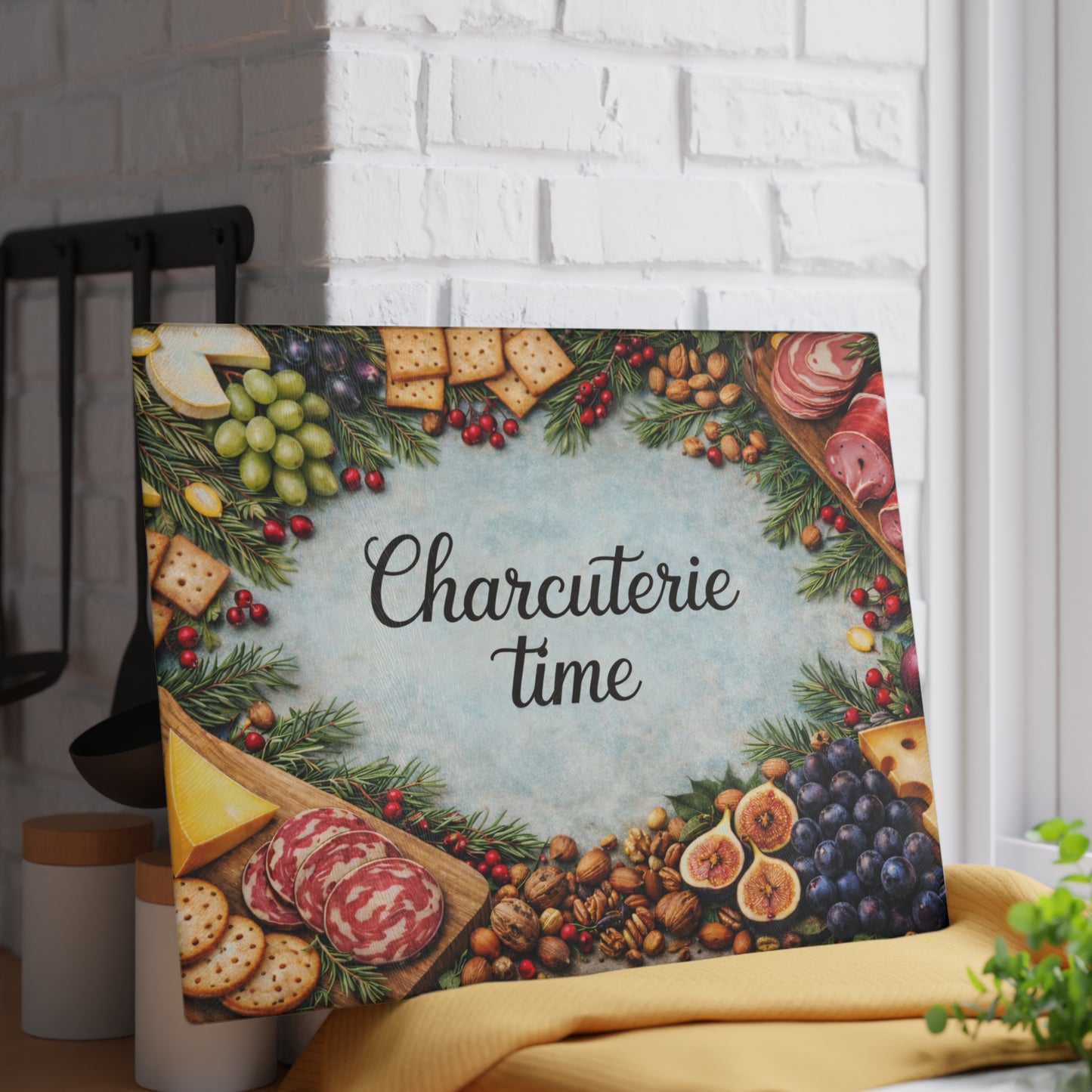 “Charcuterie Time” Festive Entertaining Glass Cutting Board – Holiday Kitchen Décor