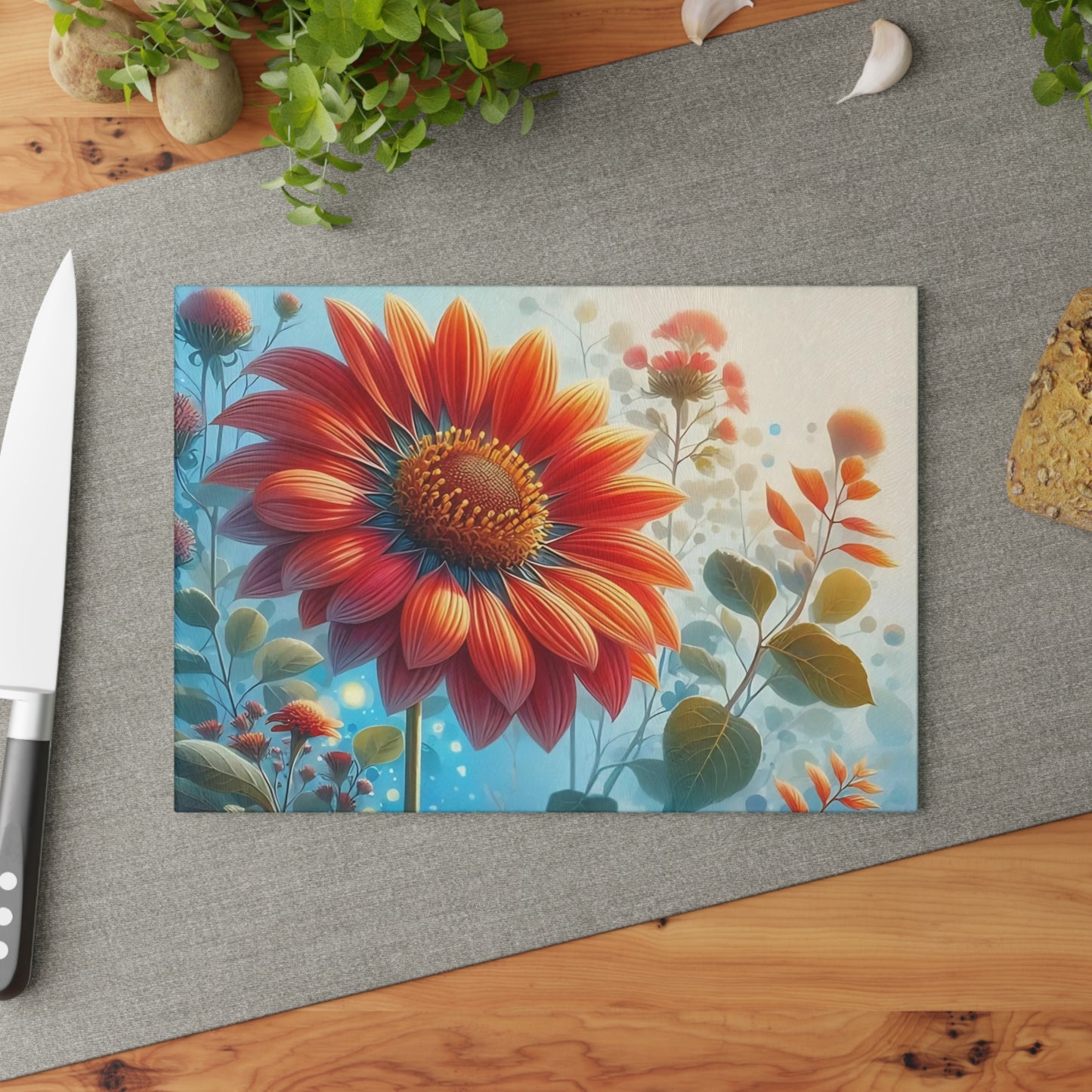 🌻 Bold Bloom – Tabla de cortar de vidrio con diseño de girasol vibrante