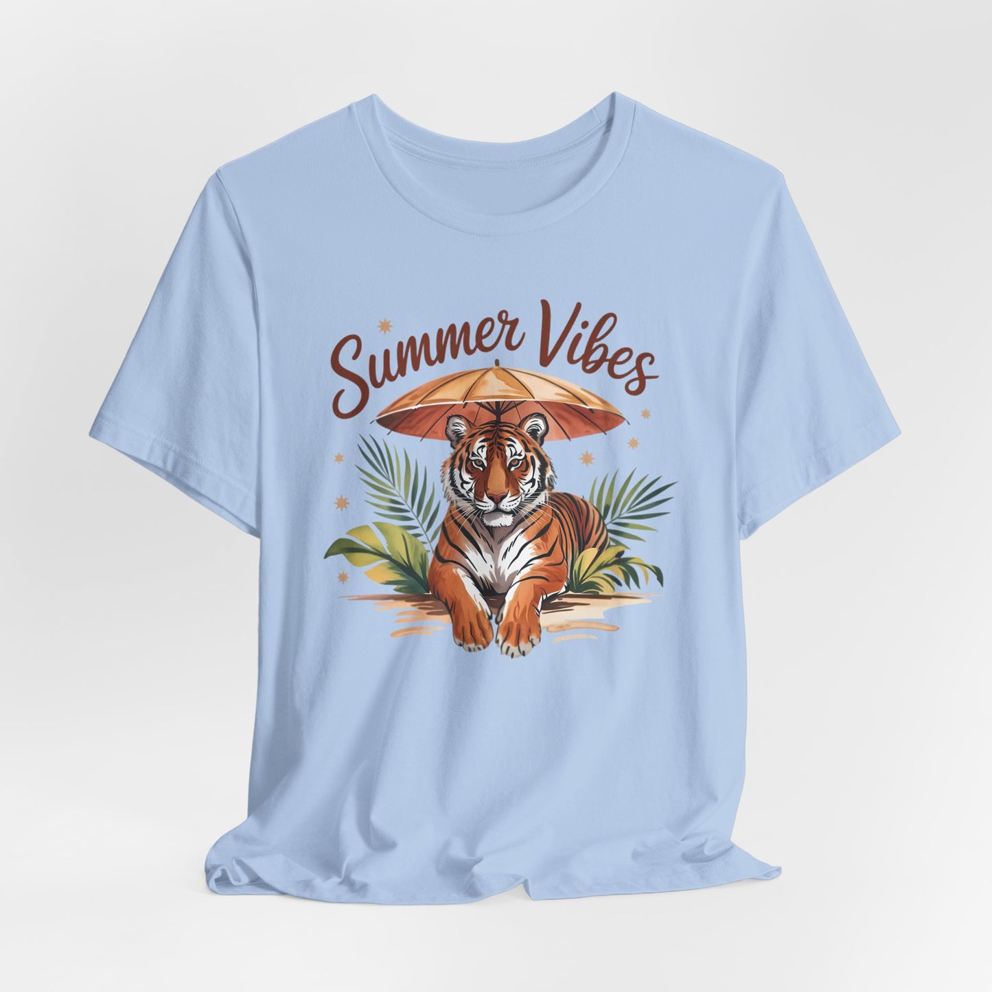 Camiseta Summer Vibes Tiger – Gráfico de palmeras de la selva con paraguas | Múltiples opciones de color