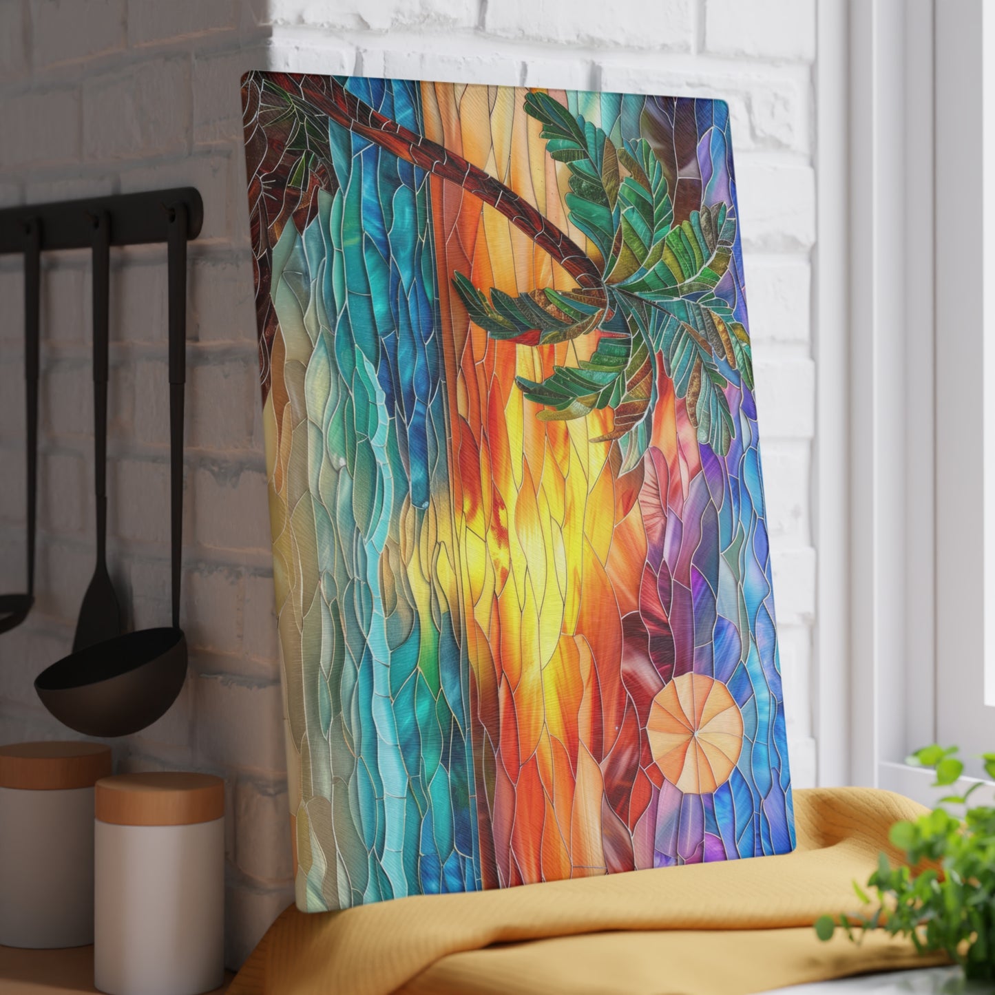 🌅🌴 Stained Glass look like Sunset Beach Cutting Board – Coastal Artistry for Your Kitchen 🌊