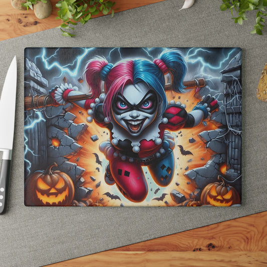 🎃 Mad Clown Girl Cutting Board – Explosive Halloween Chaos with Lightning, Jack-O'-Lanterns & Mischief 💥🃏