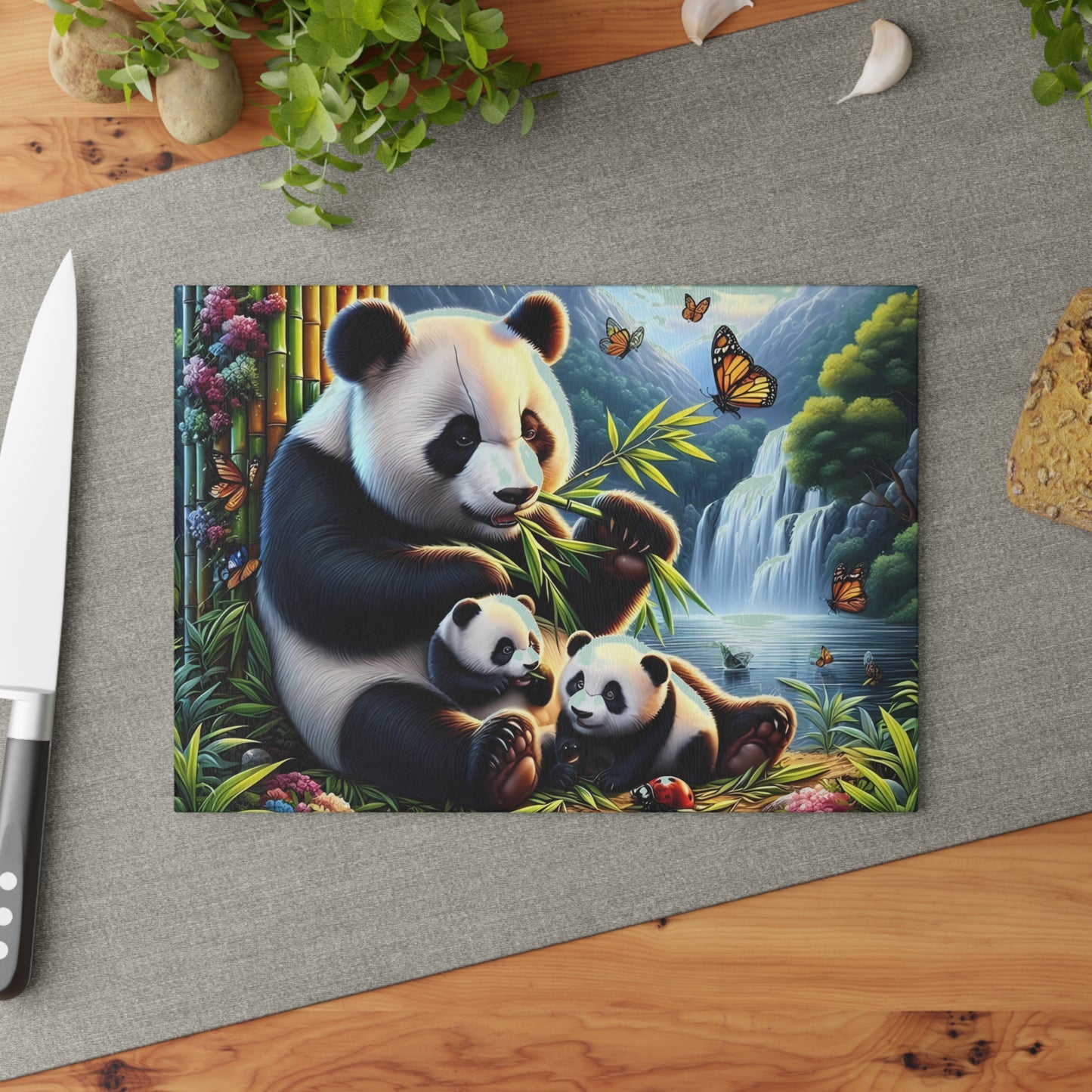 Tabla de cortar con cascada y familia de pandas: una escena natural y caprichosa para tu cocina