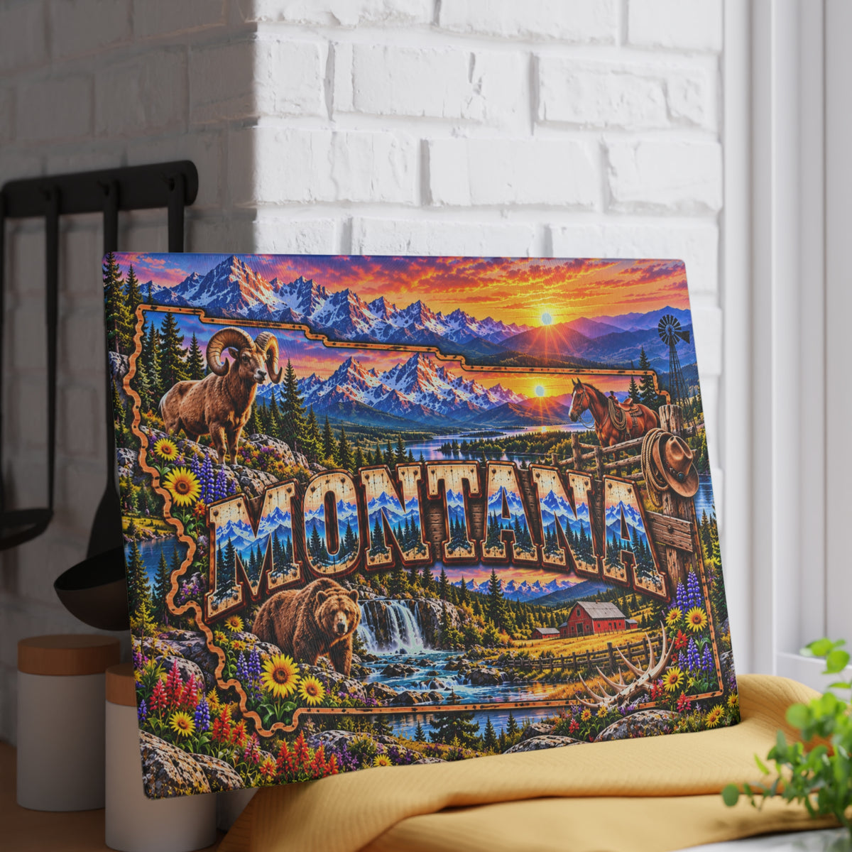 Montana Mountain Sunset Glass Cutting Board – Rustic Wildlife, Western Ranch & Scenic Landscape Kitchen Décor