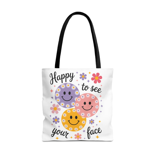 🌼 Happy Face Daisy Tote Bag – Retro Smiles with Floral Charm 🌸