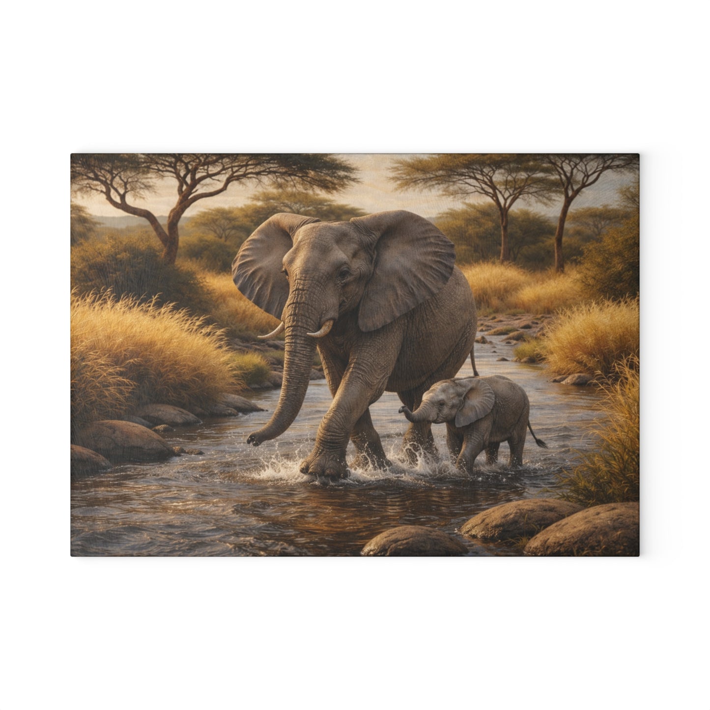 Elephant and Calf River Crossing Glass Cutting Board – Peaceful Wildlife Nature Kitchen Art