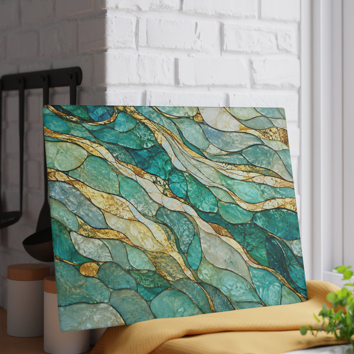 Aqua & Gold Stained-Glass-Inspired Glass Cutting Board – Abstract Kitchen Decor