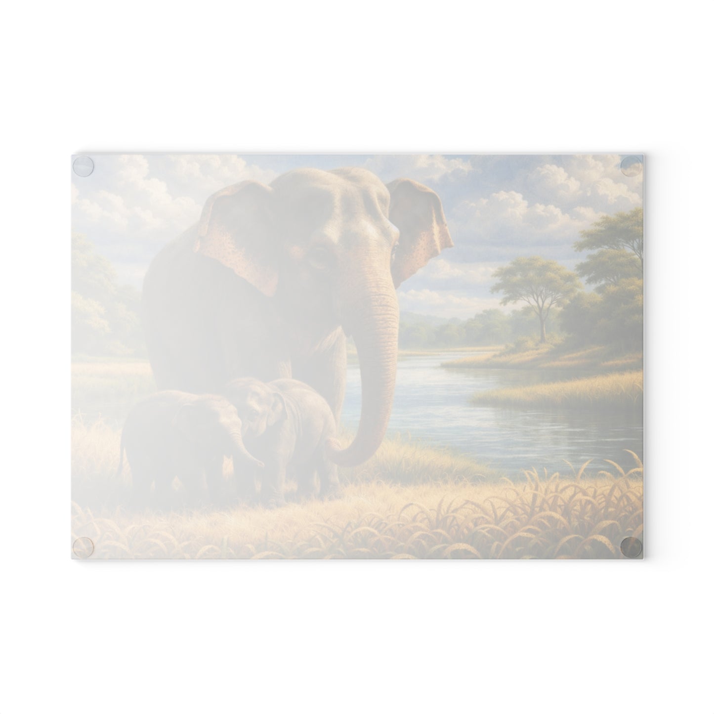 Elephant Family River Meadow Glass Cutting Board – Peaceful Wildlife Landscape Kitchen Art