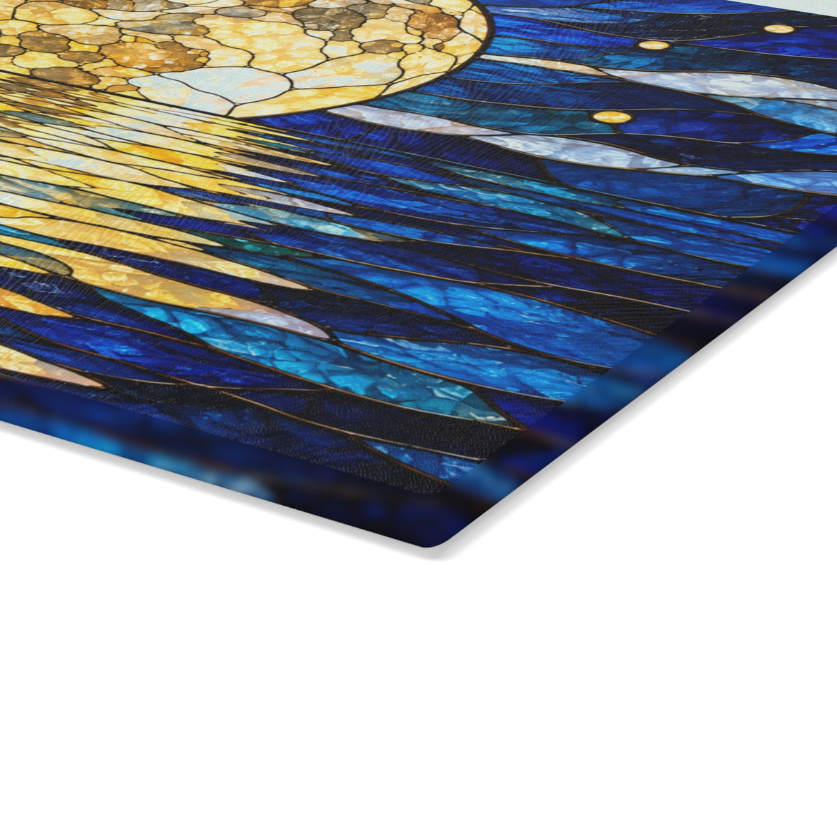 Full Moon Over Water Stained-Glass-Look Glass Cutting Board – Blue Moonlight Kitchen Decor