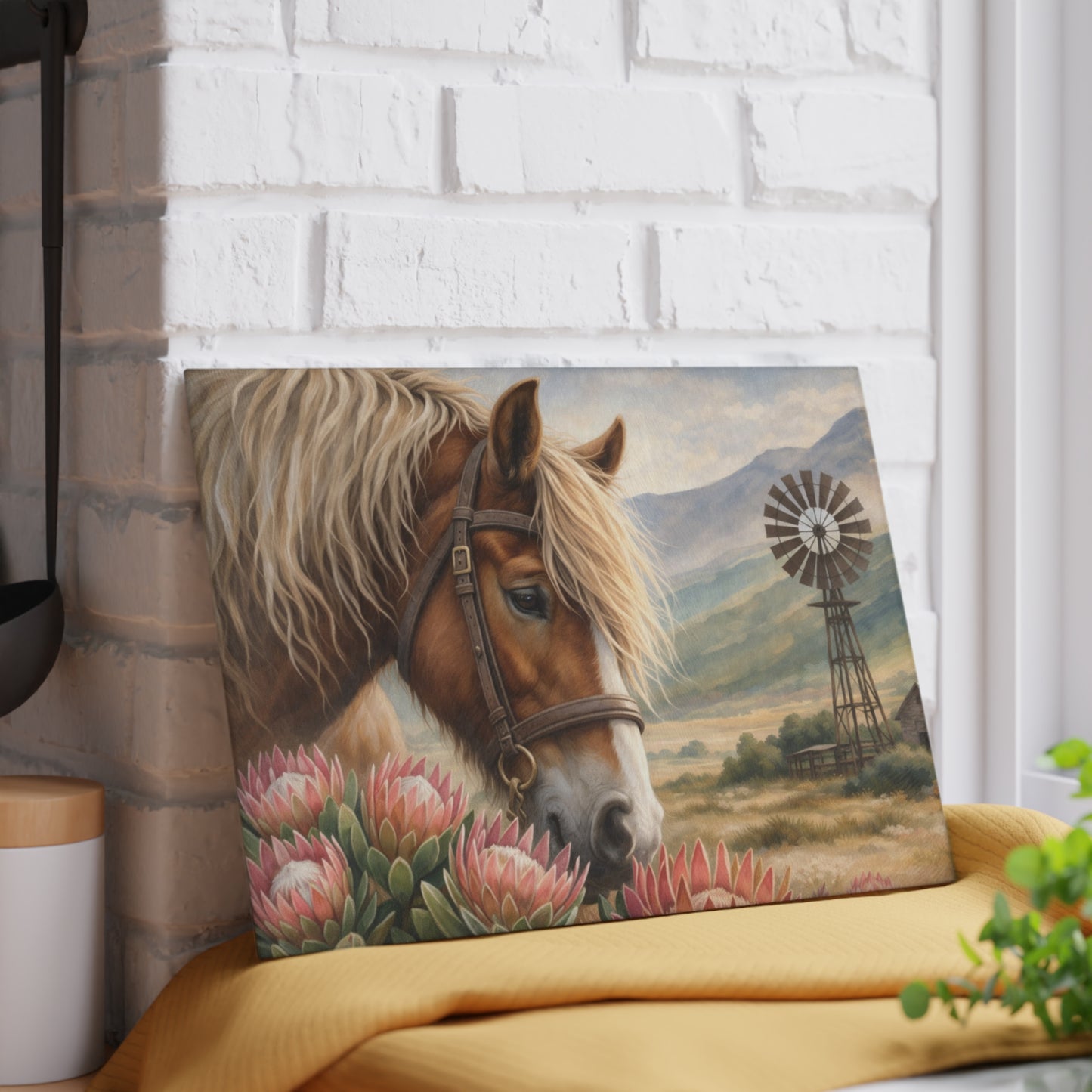 Western Horse and Windmill Glass Cutting Board – Rustic Farmhouse Country Kitchen Decor
