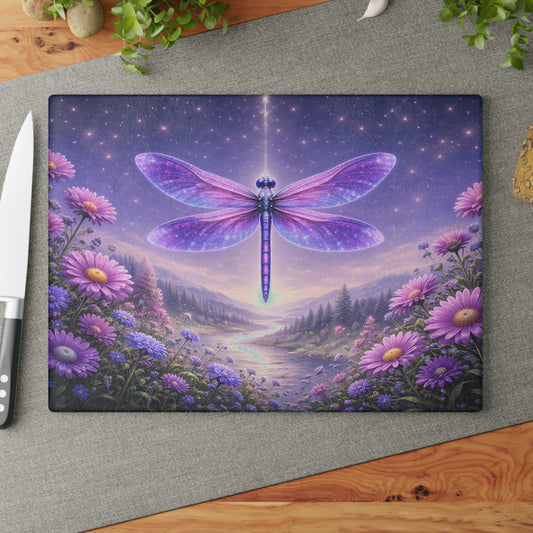 Celestial Dragonfly Glass Cutting Board – Purple Fantasy Floral Night Sky Kitchen Display