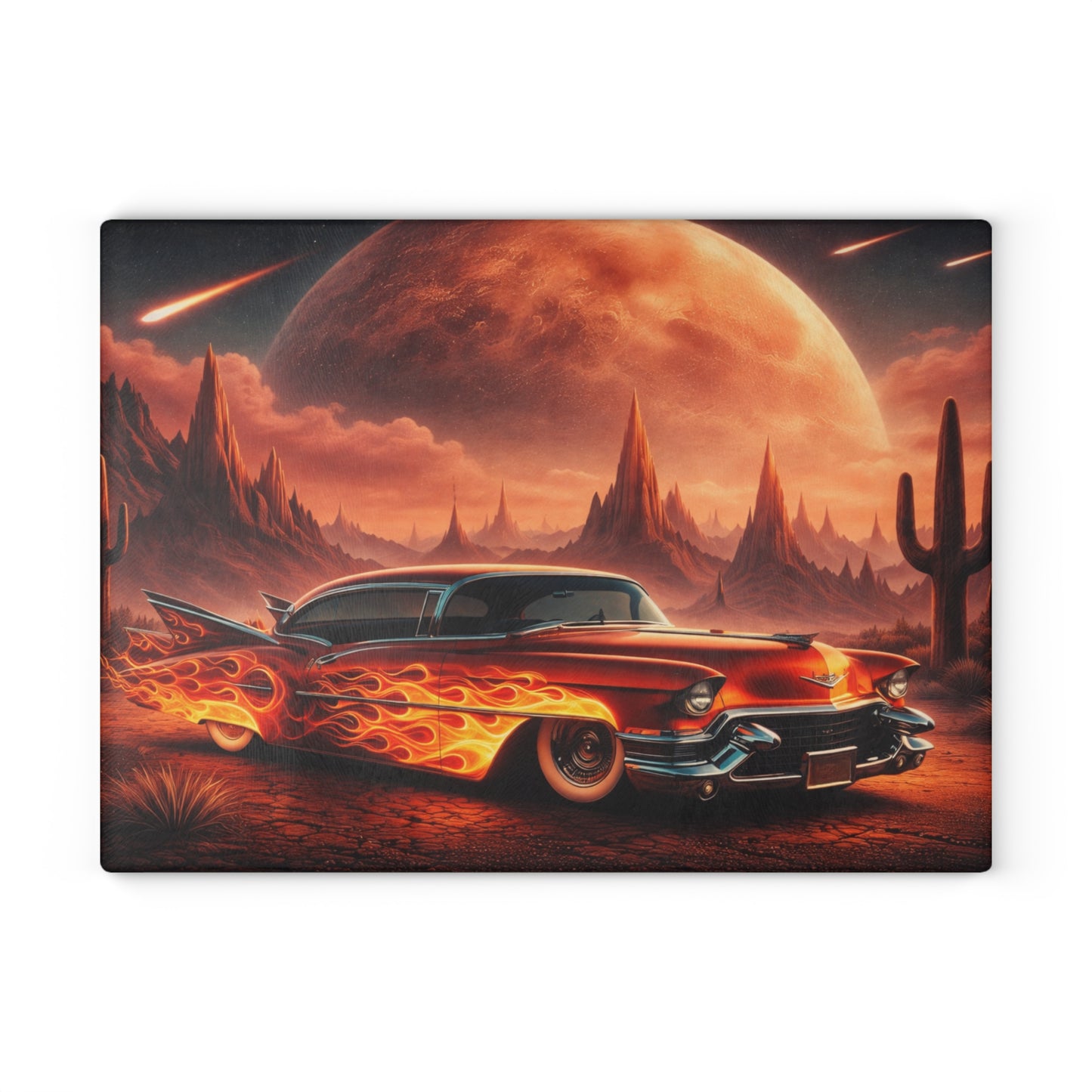 Inferno Desert Drive Glass Cutting Board – Flaming Classic Car Under Cosmic Desert Moon