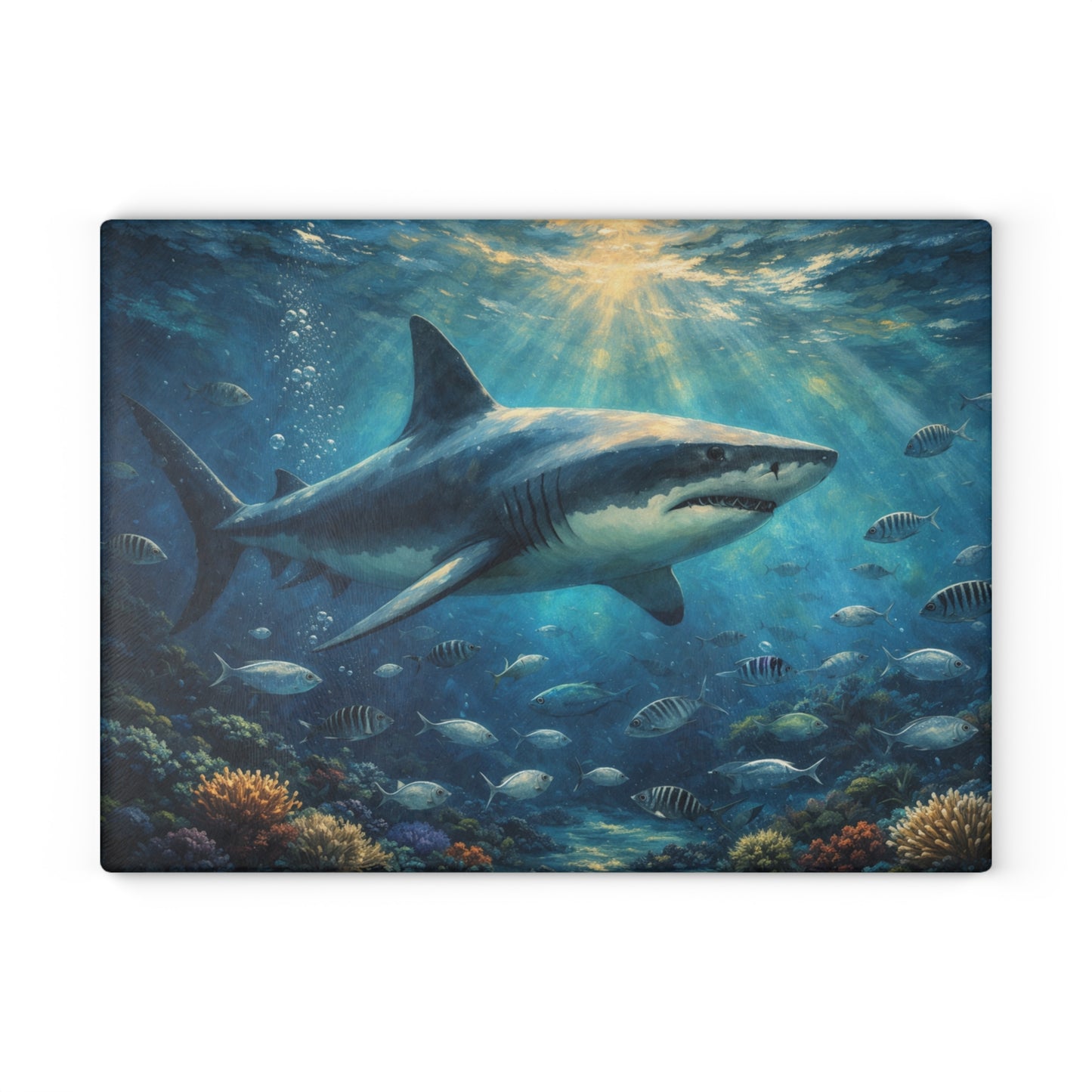 Guardian of the Deep Glass Cutting Board – Majestic Ocean Shark Artwork