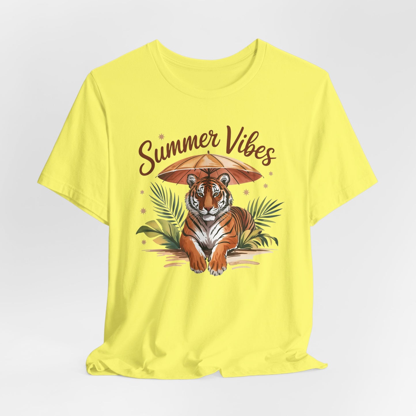 Camiseta Summer Vibes Tiger – Gráfico de palmeras de la selva con paraguas | Múltiples opciones de color