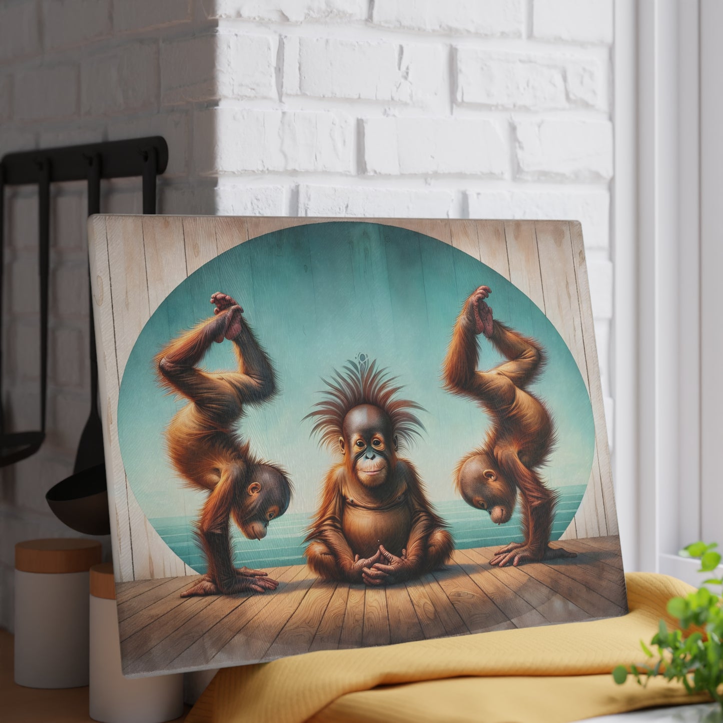 Playful Orangutan Yoga Glass Cutting Board – Whimsical Animal Art Kitchen Display