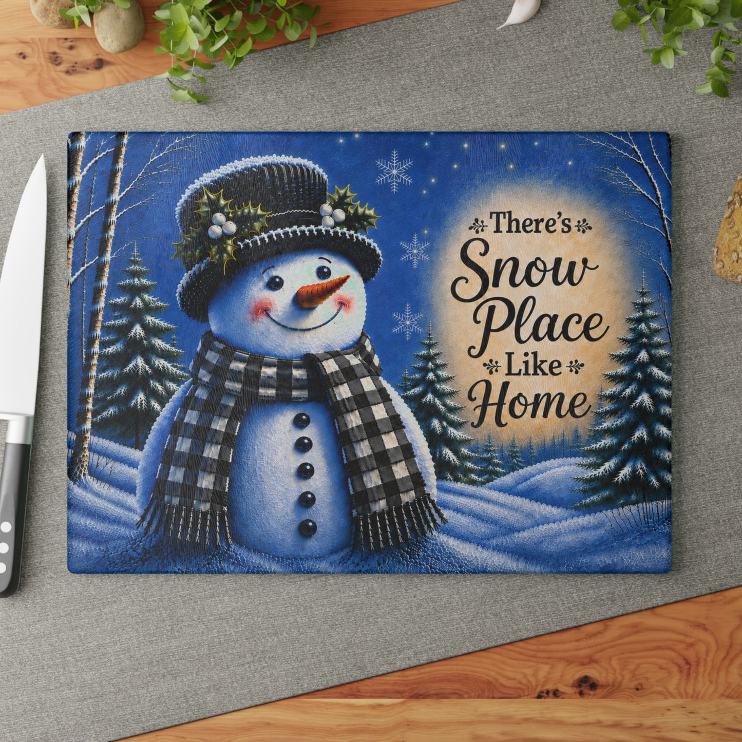 There’s Snow Place Like Home Snowman Glass Cutting Board – Black & White Plaid Winter Kitchen Decor