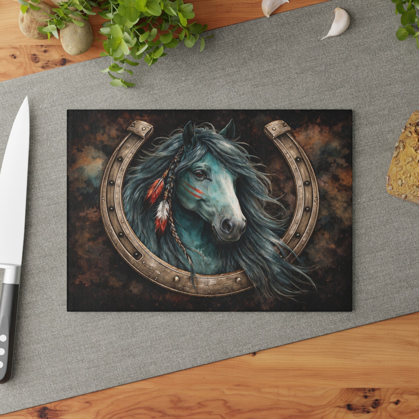 Spirit Horse Horseshoe Glass Cutting Board – Western Equine Art with Rustic Strength