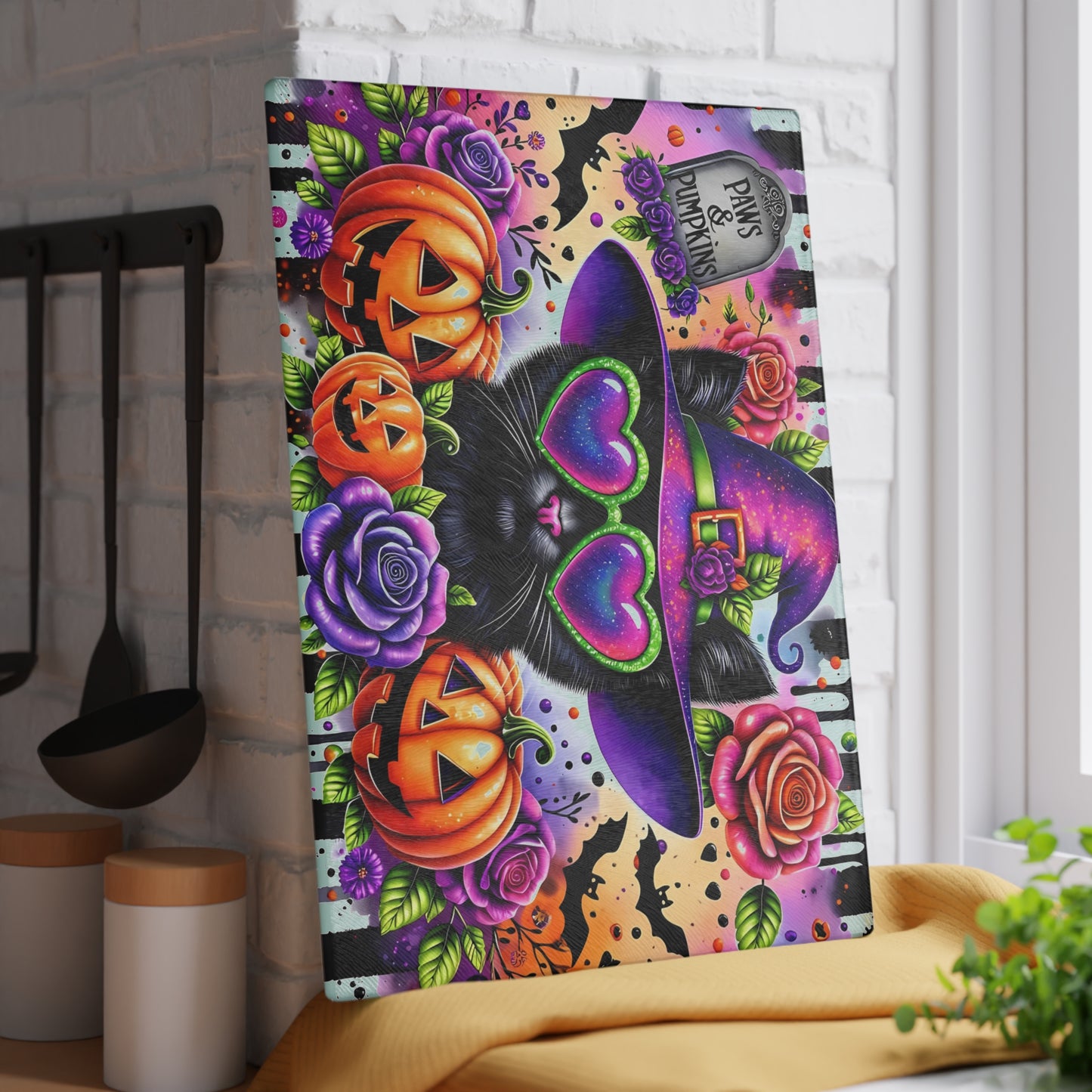 🐾🎃 Paws & Pumpkins Halloween Cat Cutting Board – Spooky Glam with Witchy Charm 🦇🌹