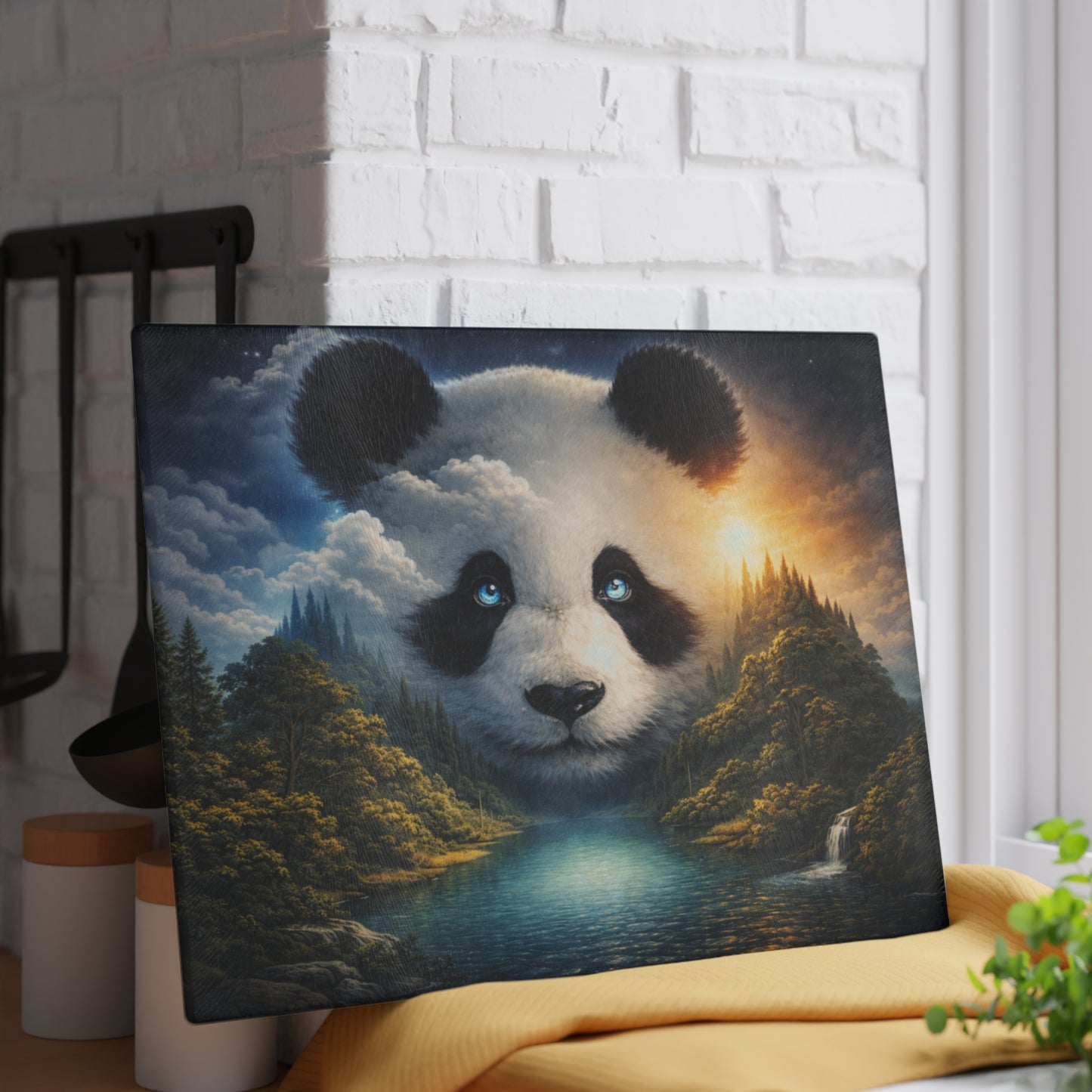 Panda Mountain Landscape Glass Cutting Board – Serene Wildlife Nature Artwork