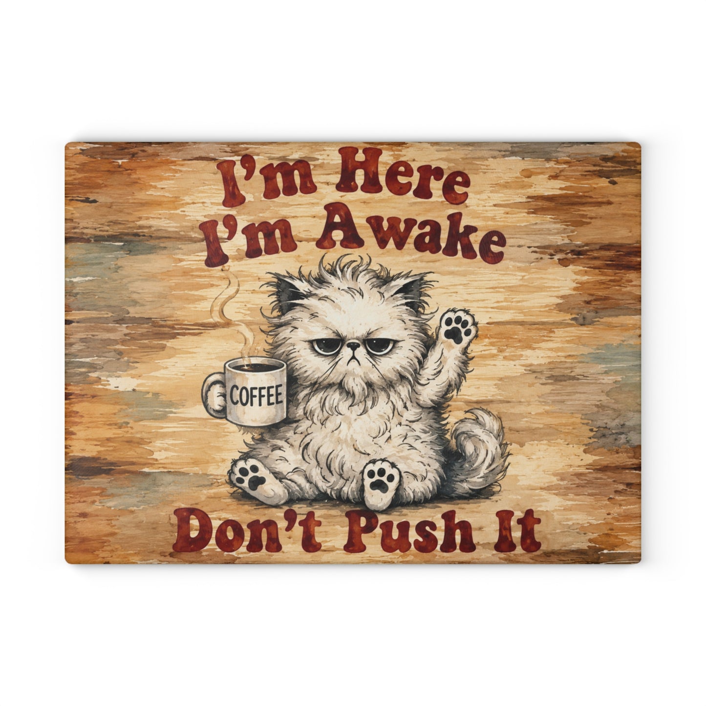 I’m Here, I’m Awake, Don’t Push It Funny Cat Glass Cutting Board – Coffee Lover Kitchen Decor