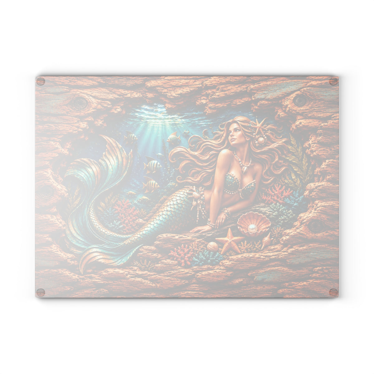Enchanted Mermaid Glass Cutting Board – Turquoise Tail, Ocean Coral & Rustic 3D Wood Look