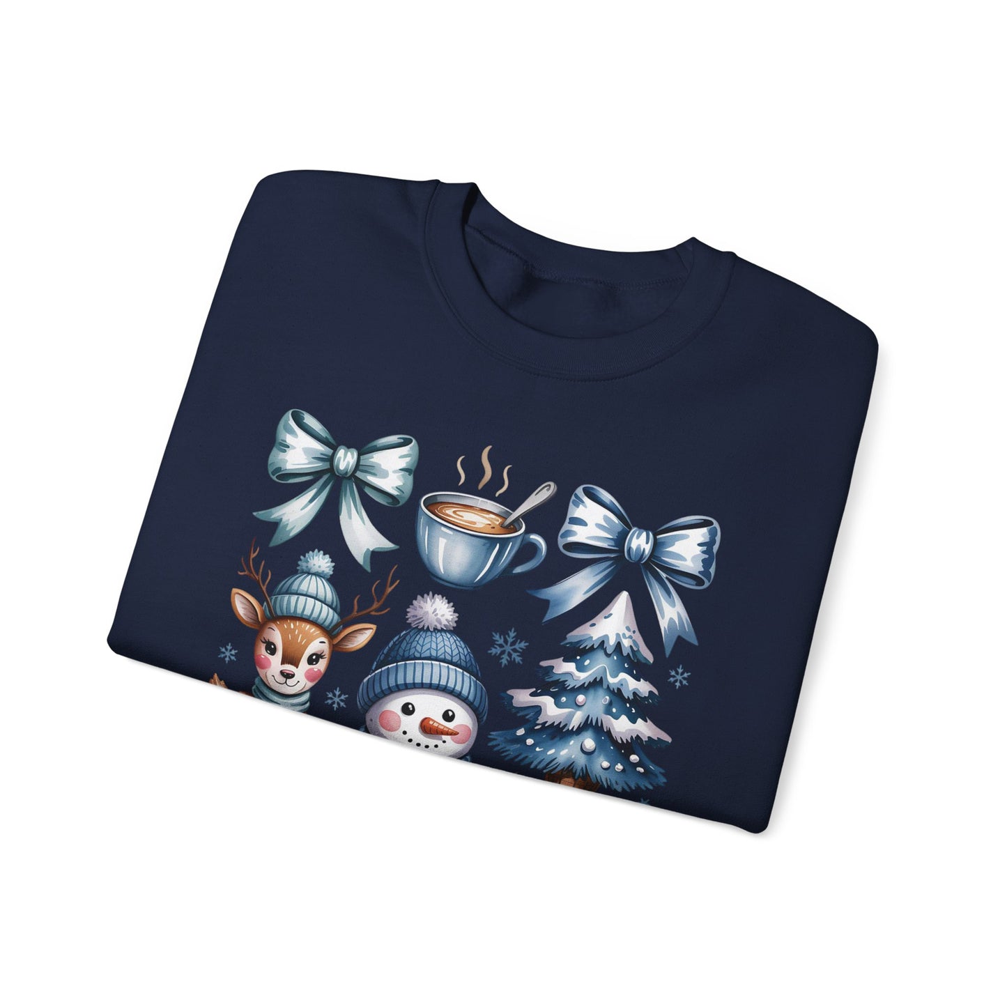 ❄️💙 Cozy Winter Vibes Crewneck – Reindeer, Snowman, Cocoa & Bows