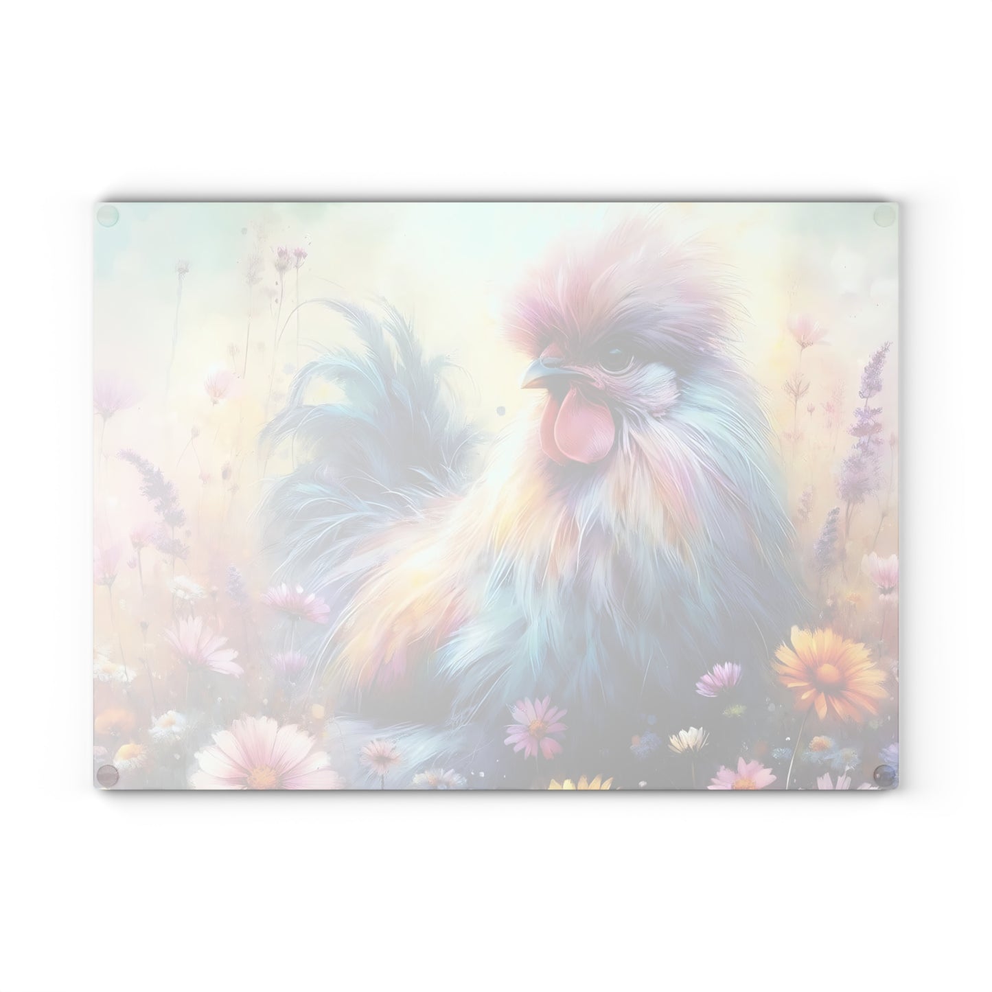 🌸🐔 Chicken in a Field of Wildflowers Glass Cutting Board – Serene & Charming Kitchen Accent