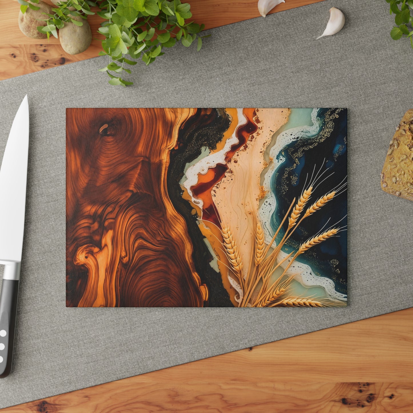 Personalized Wood & Resin Style Glass Cutting Board (Faux Wood & Epoxy Design – Tempered Glass)