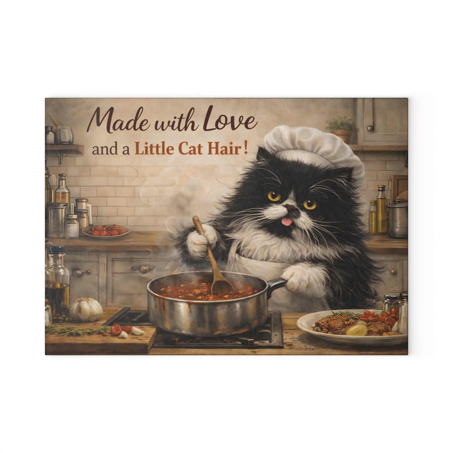 Made with Love and a Little Cat Hair Glass Cutting Board – Funny Cat Kitchen Art