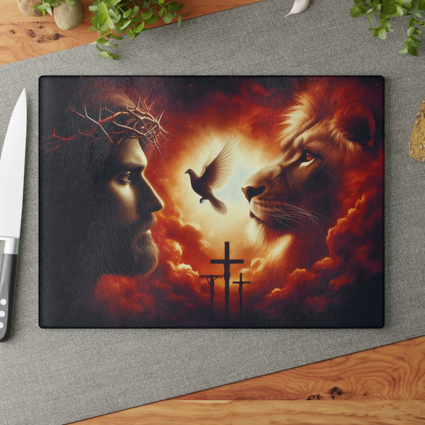 Sacred Light Glass Cutting Board – Faith-Inspired Lion, Dove & Cross Artwork Kitchen Display